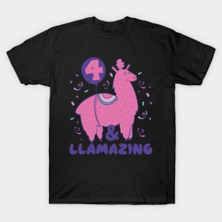 Llamazing 4th Birthday 4 Years Old Llama Girls Kids Gift print T-Shirt